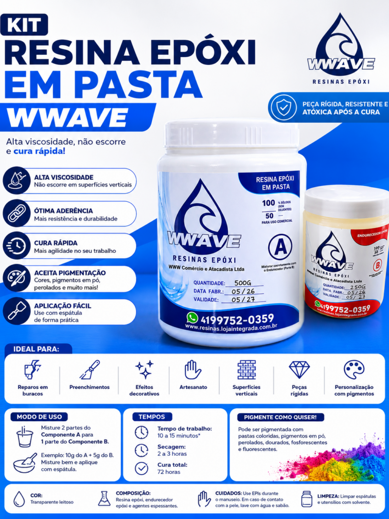 Kit Resina Epóxi em Pasta Wwave Alta Viscosidade 500g + 250g Cura Rápida