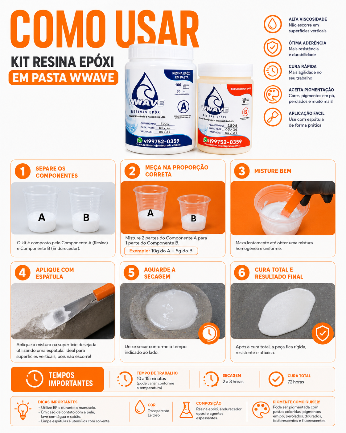 Kit Resina Epóxi em Pasta Wwave Alta Viscosidade 500g + 250g Cura Rápida - Imagem 2
