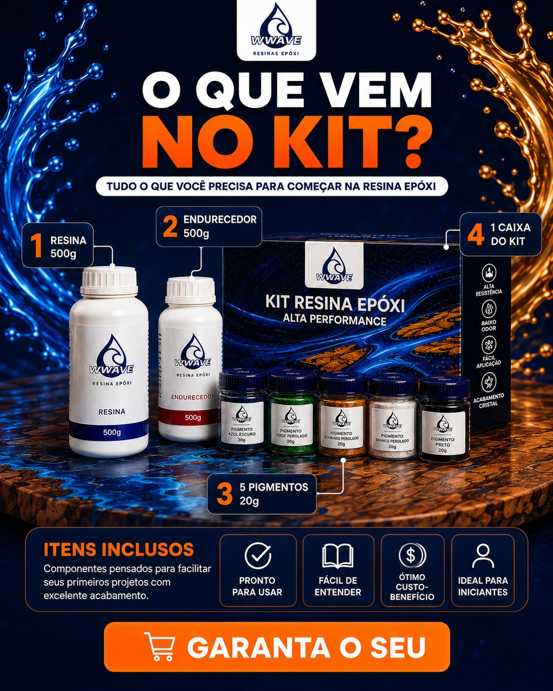 KIT COMPLETO RESINA EPÓXI INICIANTE 1KG COM 5 PIGMENTOS - Imagem 4