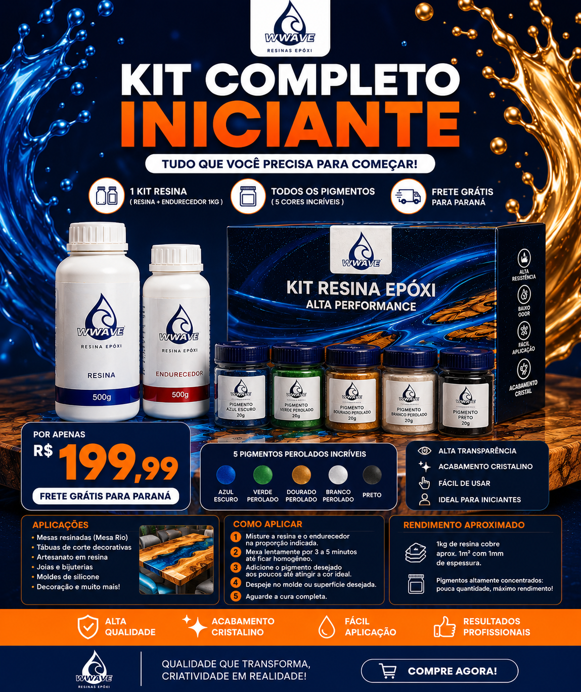 KIT COMPLETO RESINA EPÓXI INICIANTE 1KG COM 5 PIGMENTOS