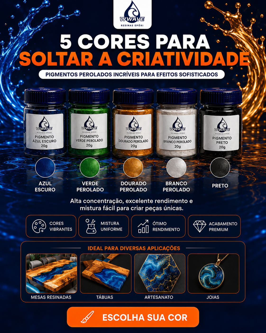 KIT COMPLETO RESINA EPÓXI INICIANTE 1KG COM 5 PIGMENTOS - Imagem 3